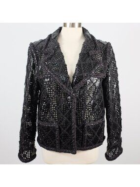 Chanel Brasserie 15K jacket coat 48 / 16 faux leather PVC perforated tweed black